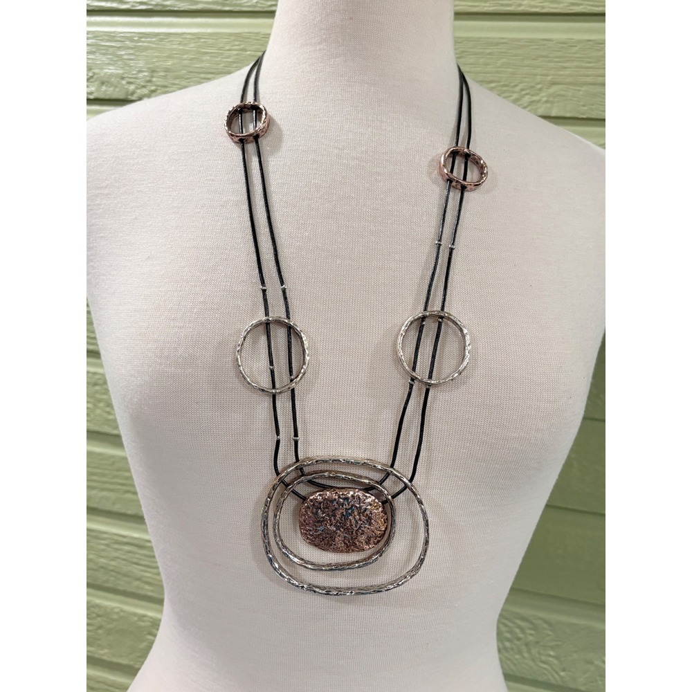 Mixed‎ Metal Hammered Geometric Statement Necklace Silver Copper Tone Black Cord